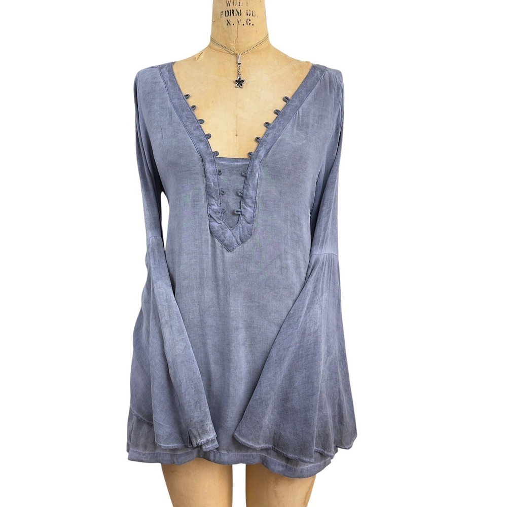 Whimsigoth Bell Sleeve Tunic Blouse Washed Blue Prairie V Neck Dark Fairy Size S